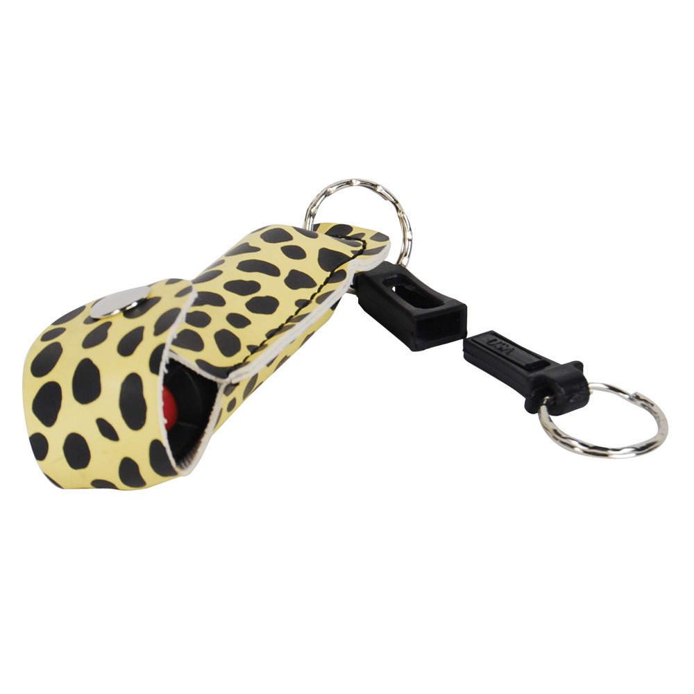 Wildfire 1.4% MC 1/2 oz pepper spray fashion leatherette holster and quick release keychain cheetah black/yellow view 5